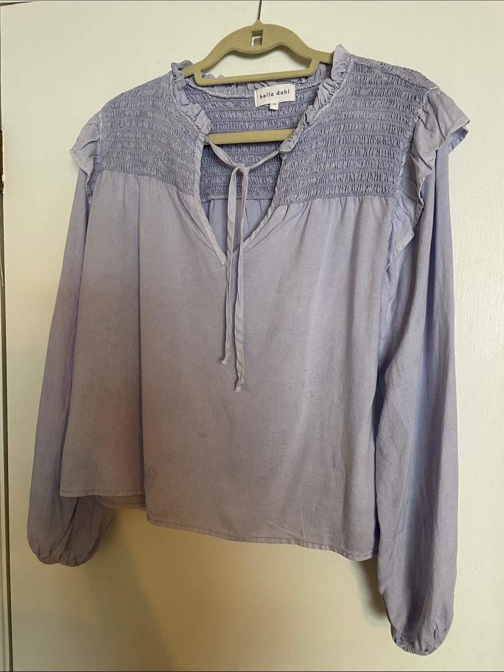 Bella Dahl Lavender Smocked Yoke Tie-Neck Blouse